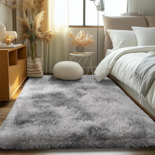 Zentavio Grey and White Area Rugs for Living Room Men Room Carpet 4x6 Bedroom Fluffy Furry Shag Aesthetic Plush High Pile Floor Rug for Kids Room Dorm Home Decor Tie-Dyed Grey White - color: Tie-dyed Grey White, size: 4' x 6' (Rectangular)