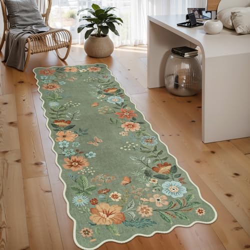 Lahome Floral Runners for Hallways, 2X6 Kitchen Runner Rug Ultra-Thin Soft, Non-Slip Hallway Rug Stain Resistant Boho Low-Pile Carpet for ‎Laundry Bathroom Bedroom Flore (2x6ft,Green) - color: Green, size: 2' x 6'(Runner)