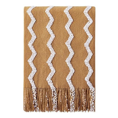 BOURINA Knitted Throw Blanket Boho Chenille Blanket,Mustard 60x80Inch | Chenille Throw Blanket Textured Solid Soft Throws and Blankets for Sofa or Bed Knitted Decorative Blanket - color: A-mustard, size: 60"×80"