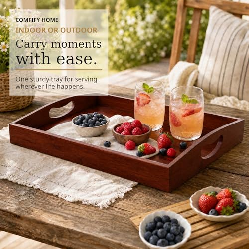 Comfify Dark Brown Bamboo Serving Trays Set of 3 – Nesting Ottoman Trays | Dark-stained bamboo with walnut tones; cutout handles; for coffee table, bar and bedroom dresser; S: 12", M: 14.5", L: 16.25" - color: Dark Brown