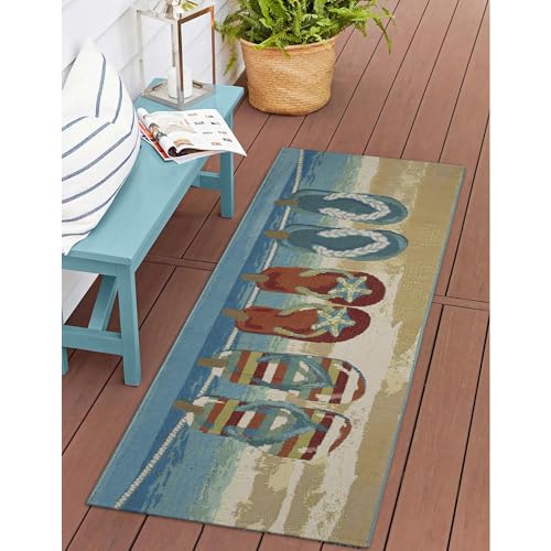 Liora Manne Esencia Machine Washable Non-Slip Low Profile Indoor/Outdoor Mat-Transitional, Coastal, Beach, Whimsical, Flip Flops Forever Blue 1'11" x 4'11" - color: Flip Flops Forever Blue, size: 1'11" x 4'11" (Rectangular)
