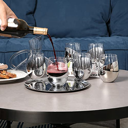 MyGift Modern Stemless Wine Glass Set of 6, White or Red Wine Glasses with Silver Metallic Bottom Angled Design - color: Silver- (Set of 6)