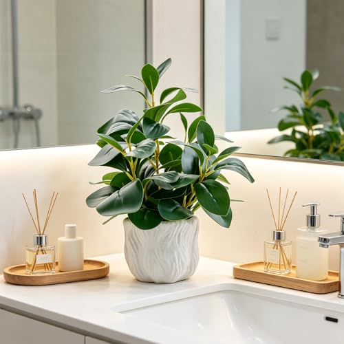 14" Artificial Potted Plant with Thick Leaves in White Textured Pot | Realistic Thick Leaves , Compact Desk & Shelf Plant , White Textured Decorative Pot , Modern Home & Office Decor