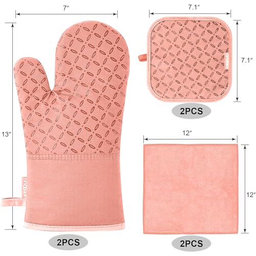KEGOUU Oven Mitts and Pot Holders 6pcs Set, Kitchen Oven Glove High Heat Resistant 500 Degree Extra Long Oven Mitts and Potholder with Non-Slip Silicone Surface for Cooking (Pink) - color: Pink