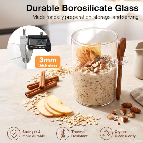Overnight Oats Containers with Lids - Glass Mason Jars, Meal Prep | Acacia Wood, Airtight Silicone Seal Set of 4 - Includes Spoons, 40 Labels for Chia Pudding, Yogurt, Cereal, Oatmeal - color: 4 pack - Acacia Lid