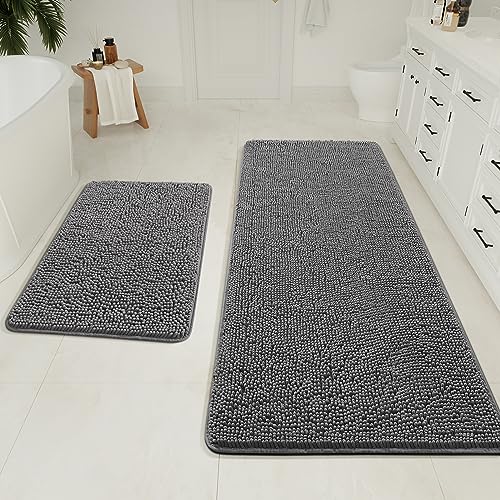 LOCHAS Bathroom Rugs Sets 2 Piece, Chenille Non Slip Bath Mat Set, Grey | Thick Absorbent Machine Washable Quick Dry Carpet for Bathroom Floor - color: Grey, size: 2' x 5' (Rectangular)