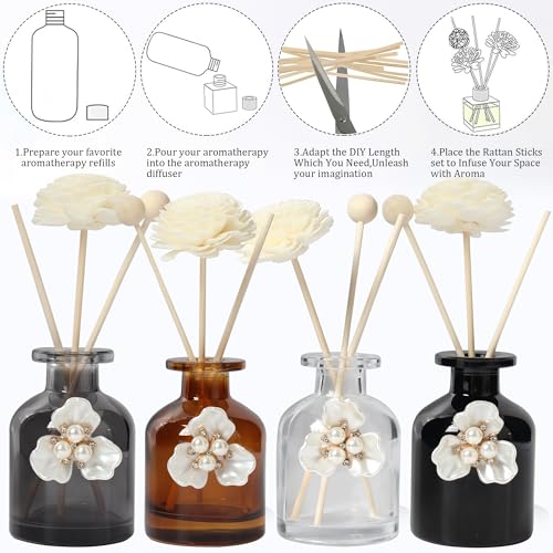 Empty Fragrance Glass Reed Diffuser Bottles 100ml/3.5oz 4 Pack with 12pcs Reed Diffuser Sticks,Refillable,Aromatherapy Storage Containers,DIY Replacement for Reed Diffuser Sets(4 Color)