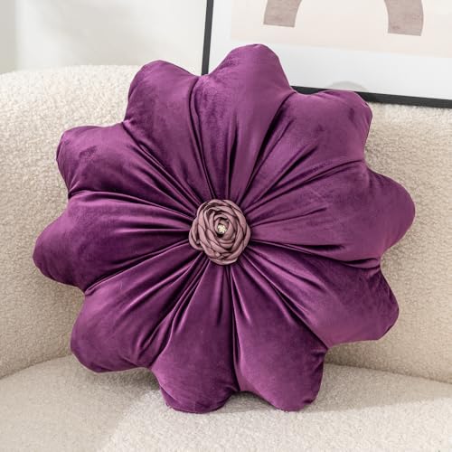 Flower Pillow Cushion Round Decorative Throw Pillows 15.7 Inch Velvet Flower Shaped Pillow Floral Cushion for Sofa, Couch, Vanity Chair, Bed(Purple) - color: Purple