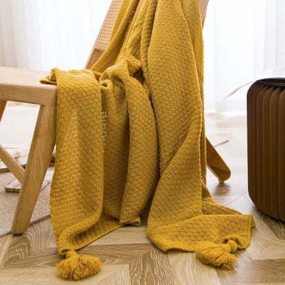Waffle Knitted Blanket with Pom Pom Tassels,Throw for Bed Couch (Beige 28 * 102in) - color: Beige, size: 28*102in