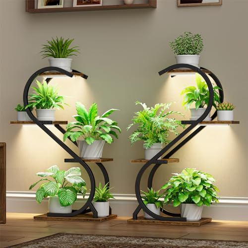 LATIBELL Metal Corner Plant Stand with Grow Light, 2 Pack, 29" 4 Tier | Metal Plant Shelf Indoor, Multiple Plants, Holds Flowers For Living Room, Patio & Balcony