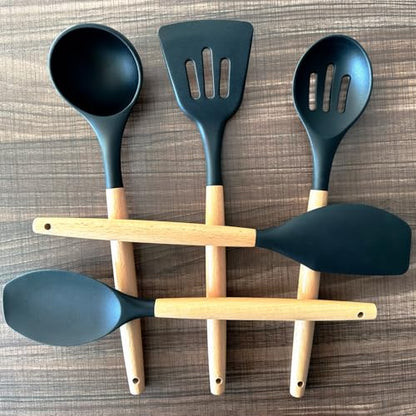 Silicone Cooking Utensils Set of 5, Heat Resistant Silicone Kitchen Utensils Set with Wooden Handle, BPA Free Spatula Spoon Turner Ladle Cooking Kitchen Gadgets for Nonstick Cookware & Baking - color: Black, size: Standard 5-Piece Set