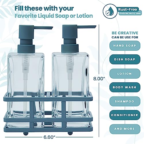 Square 3 Piece Glass Clear Lotion and Soap Pump Dispenser Set with Metal Stand Caddy for Bathroom Bath Kitchen Home Office Travel Hotel Hand Crafted Heavy Weight Spa Blue - color: Spa Blue