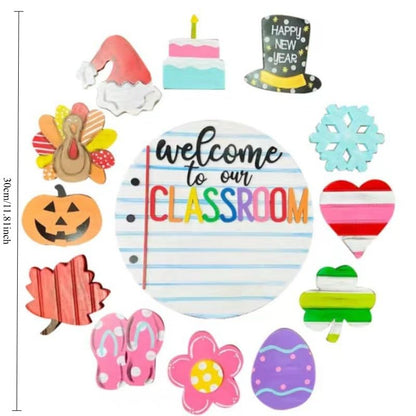 Welcome to Classroom Front Door Decoration Sign, Seasonal Door Sign | 12 inch Interchangeable Wooden Plaque for Classroom/Home, DIY Wall Decor for Christmas Holidays & Back-to-School,13 Patterns