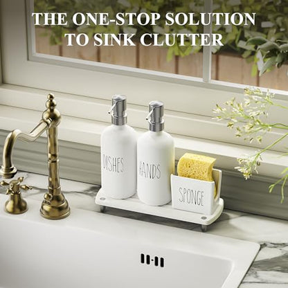 Cisily Kitchen Soap Dispenser Set Comes with Ceramics Sponge Holder, Gold Pumps, and Instant Dry Tray, Hand and Dish Soap Dispenser Set (4, Silver + White + Sponge Holder) - color: Silver + White + Sponge Holder