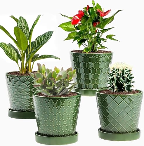 EFISPSS Flower Planter –5 inch Ceramic Plant Pots with Drainage Hole and Ceramic Tray - Gardening Home Desktop Office Windowsill Decoration Gift Set of 4 - Plants NOT Included - color: Patina