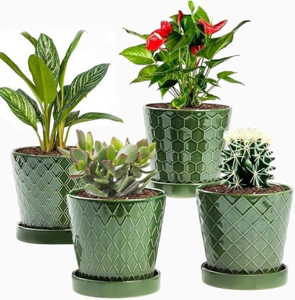 EFISPSS Flower Planter –5 inch Ceramic Plant Pots with Drainage Hole and Ceramic Tray - Gardening Home Desktop Office Windowsill Decoration Gift Set of 4 - Plants NOT Included - color: Patina