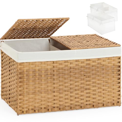 SETVSON Storage Basket with Lid, 2-Lid PE Rattan Storage Bin, Natural | 105L Storage Bin with 2 Separate Lids, 2 Removable Liners for Clothes & Blankets, Sturdy Metal Frame, PE Rattan - color: Natural, size: 105L-25.2L*15.4W*16.1H