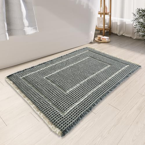 BULULOM Bathroom Floor Mat,Boho Bathoom Mat,Super Absorbent Bath Rug,Bathroom Rugs Non Slip Washable, Quick Dry Shower Mats, Ultra Soft Bath Mat Towel,Bluish Grey & Yellow,17"*24" - color: Bb-bluish Grey & Yellow, size: 17"*24"