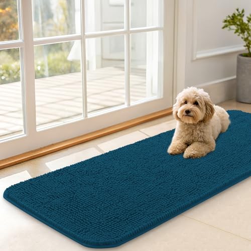 OLANLY Dog Door Mat for Muddy Paws 47x17, Super Absorbent Chenille Mud Mat | Atlantic Blue, Absorbs Moisture and Dirt, Non-Slip Machine Washable Doormat, Quick-Dry Indoor Entryway Floor Carpet for Dogs - color: Atlantic Blue, size: 47" X 17"
