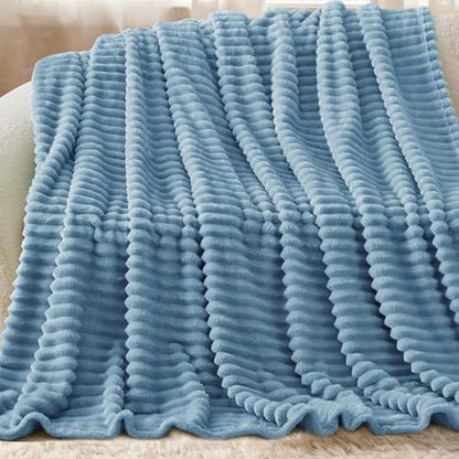 Nookly Light Blue Twin Size Fleece Blanket, Soft Lightweight Ribbed Plush Bed Blanket, Cozy All-Season Striped Fleece Twin Throw for Bedroom and Home, 60x80 Inches - color: Light Blue, size: Twin(60"x80")