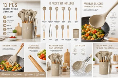 Caboh Silicone Kitchen Utensil Set 12 PCS – Heat Resistant Cooking Tools with Spatula, Serving Spoon, Tongs, Whisk & Holder, Nonstick Safe BPA-Free Kitchen Accessories Set (Khaki) - color: Khaki