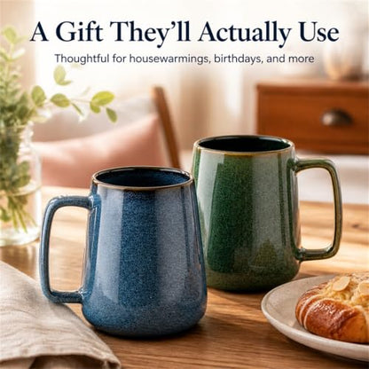 Extra Large Tall Coffee Mugs with Handle - Set of 2, 24 oz Ceramic, Dishwasher & Microwave Safe, Blue and Green - color: 24 oz-Blue&Green
