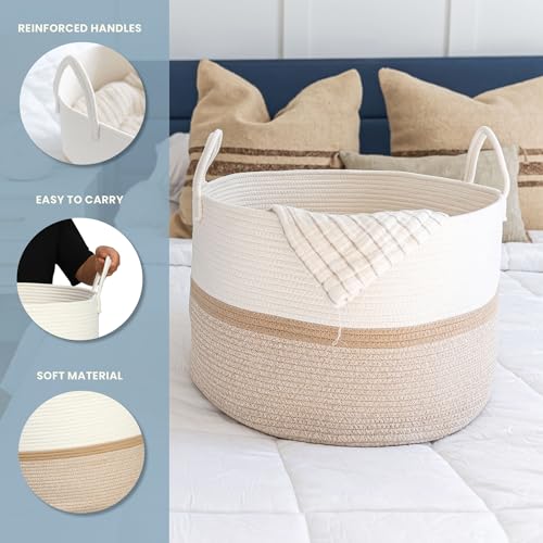 OrganiHaus Round Toy Basket & Blanket Basket, Cotton Rope 20x13" | Striped Honey - Round Cotton Rope Basket, 20x13" - color: Striped Honey, size: Wide