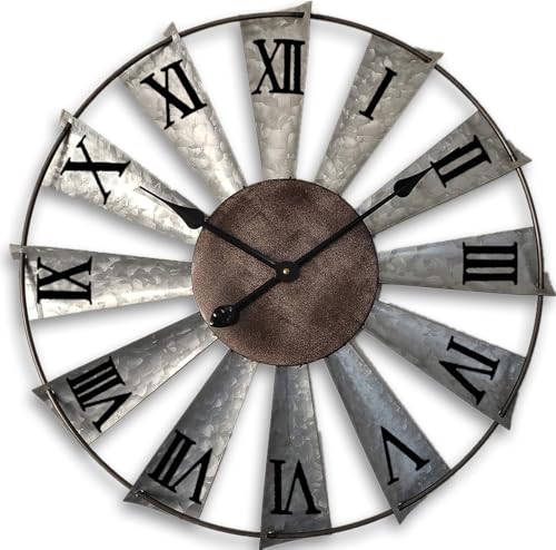 Mrocioa Windmill Distressed Metal Wall Clocks Rustic Large Decorative Clock Oversized Farmhouse Decor (24 inch Roman Numerals) - size: 24 inch Roman numerals