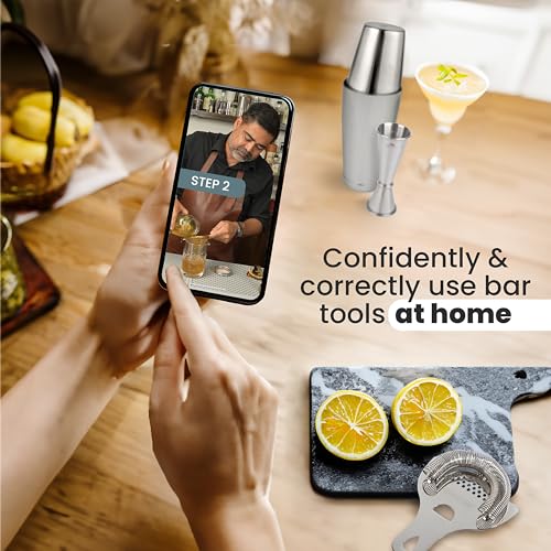 A Bar Above 4-Piece Cocktail Shaker Set, for Professional and Home Bar, Premium Bar Kit Gifts, Includes Strainer, Jigger, Shaker Set, and 4-Hour Cocktail Course - color: Stainless Steel, size: 4-Piece Bar Set & Online Masterclass