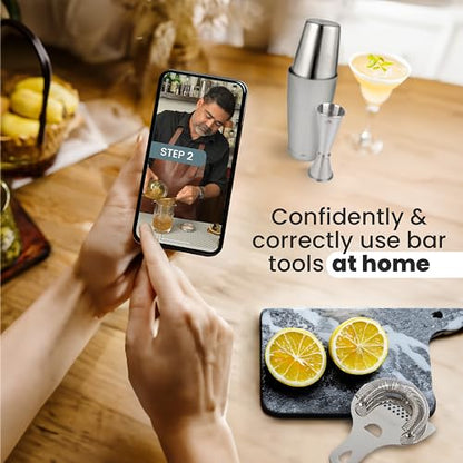 A Bar Above 4-Piece Cocktail Shaker Set, for Professional and Home Bar, Premium Bar Kit Gifts, Includes Strainer, Jigger, Shaker Set, and 4-Hour Cocktail Course - color: Stainless Steel, size: 4-Piece Bar Set & Online Masterclass