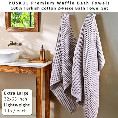 PÜSKÜL 2-Piece Natural 100% Turkish Cotton Waffle Bath Towels Extra-Large | Light Gray, 32x63" Bath Sheet Towel, Soft Absorbent Quick-Dry Lint-Free Premium 3D Honeycomb Weave Oeko-Tex Made in Turkiye - color: Gray