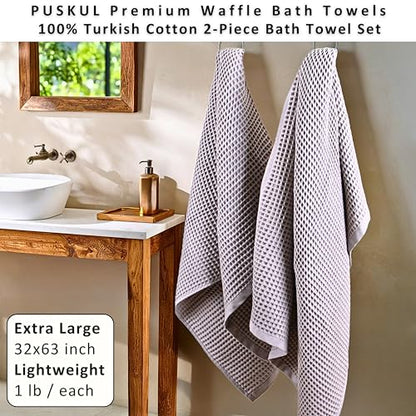 PÜSKÜL 2-Piece Natural 100% Turkish Cotton Waffle Bath Towels Extra-Large | Light Gray, 32x63" Bath Sheet Towel, Soft Absorbent Quick-Dry Lint-Free Premium 3D Honeycomb Weave Oeko-Tex Made in Turkiye - color: Gray