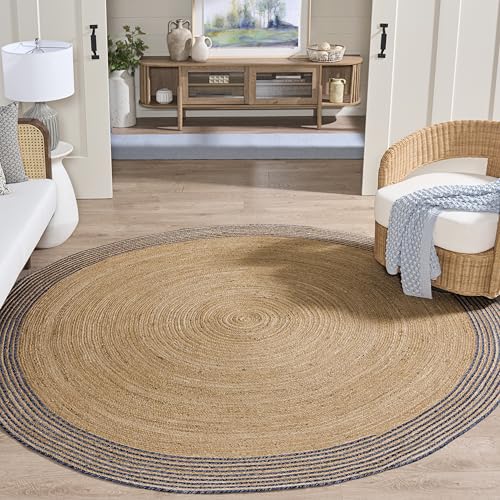 SAFAVIEH Cape Cod Collection Area Rug - 10' Round, Ivory & Blue, Handmade Braided Jute, Ideal for High Traffic Areas in Living Room, Bedroom (CAP204D) - color: Ivory/Blue, size: 10' (Round)