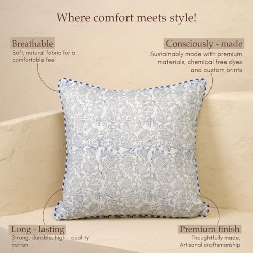 JBH Hand Block Print Reversible Throw Pillow Covers 18x18 Inch Set of 2 – Handmade Cotton - color: Blue