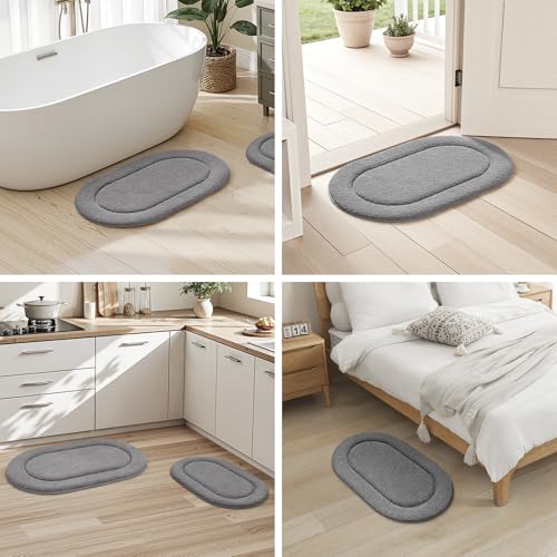 HOMEIDEAS Grey Oval Bathroom Rug Sets 2 Piece 20" x 32" + 16" x 24" | Microfiber Bath Mats, Non-Slip TPR Backing, Ultra Absorbent & Quick Dry, Machine Washable for Bathroom, Shower, Tub - color: Grey