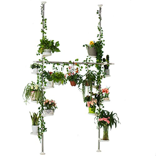 BAOYOUNI Spring Tension Pole Plant Stand, 12 Trays Metal Flower Rack，Ivory | Corner Floral Pot Storage Shelf Space Saver with Adjustable Height & 2 Hooks for Home Garden Decor - color: Ivory, size: 2 x 7 Tier