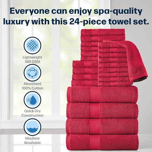 24-Piece Set of Towels, Lightweight 380 GSM Cotton Towels, Quick Drying, Absorbent Hand Towels, Fingertip Towels, Bath Towels, & Washcloths, Red - color: Red
