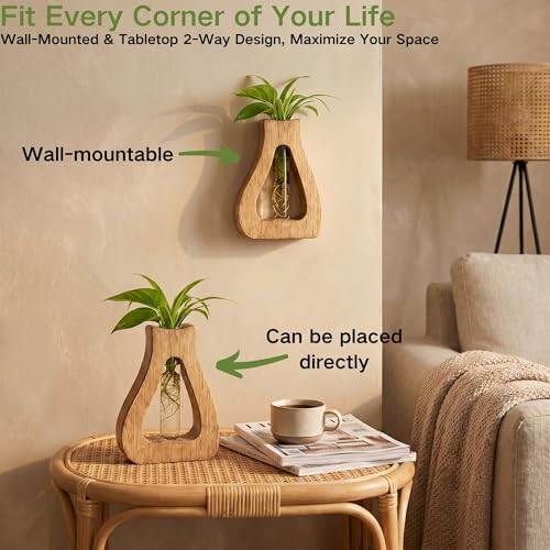 Plant Propagation Station with Glass Test Tube Vases, Wooden Stand Planter Terrariums for Hydroponic Plant Cuttings, Home Office Desktop Decor, Gift for Plant Lovers - size: 4.7"x6.4"
