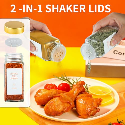 Gold Spice Jars with Label，4oz Seasoning Containers, Glass Spice Bottles with Shaker Lids,Funnel, Chalk Pen for Cabinet，Drawer，Rack(24)