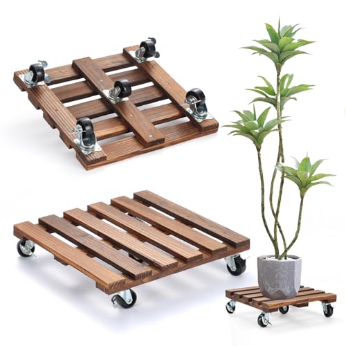 2 Pack Plant Stand with Wheels, 14" Rolling Plant Stand 264 LBS Heavy Duty Wooden Square Plant Caddy with Metal 360° Lockable Caster Wheels for Outdoor Indoor Large Plant Pots, Flower Pot, Patio - size: 14"- 2pack