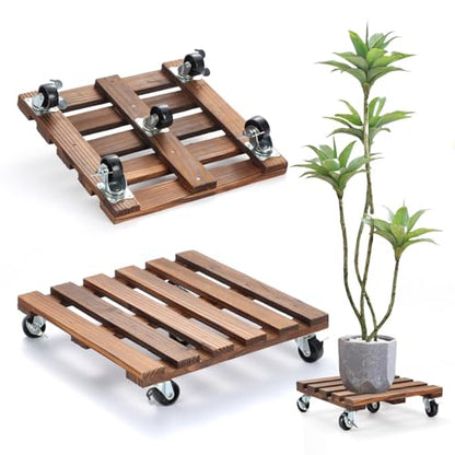 2 Pack Plant Stand with Wheels, 14" Rolling Plant Stand 264 LBS Heavy Duty Wooden Square Plant Caddy with Metal 360° Lockable Caster Wheels for Outdoor Indoor Large Plant Pots, Flower Pot, Patio - size: 14"- 2pack