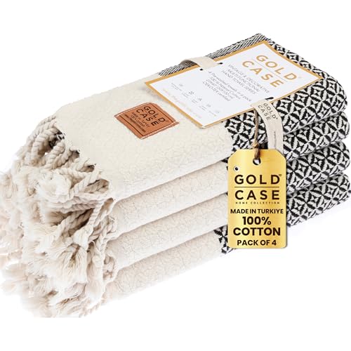 Gold CASE Turkish Hand Towels for Bathroom Set of 4 – 20 x 40'' – 100% Cotton Bathroom Towels – Aphrodite Kitchen Small Towel for Spa, Face, Tea & Dishcloth – Decorative Patterned Weave – Black - color: Black, size: Aphrodite Hand Towel