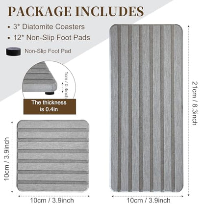 3PCS Diatomite Stone Tray Set, Large Soap Holder & 2 Square Coaster Mats for Bathroom Kitchen Counter, Fast-Absorbing Sink Organizer with Non-Slip Feet, 8.3x4 & 4x4 Inches