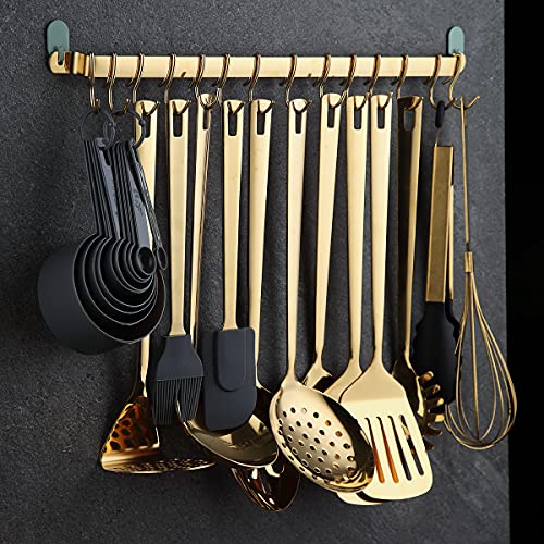 Gold Cooking Utensils Set, Kyraton Stainless Steel 37 Pieces Kitchen Utensils Set with Titanium Gold Plating, Kitchen Gadgets Tool Set with Utensils Racks Heat Resistant Dishwasher Safe - color: 2.37 piece gold set
