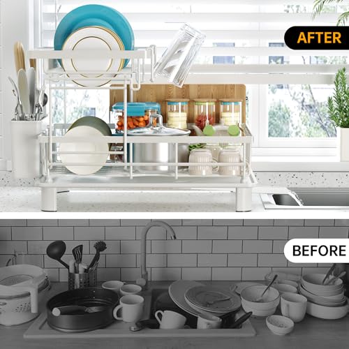 Large 2 Tier Detachable Dish Drying Rack for Kitchen Counter,White | Compact Dish Drainer, Rust-Resistant Dish Rack with Drainboard, Utensil Holder, Cup Holder for Small Space,Kitchen Organizer - color: 2 Tier-white
