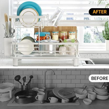 Large 2 Tier Detachable Dish Drying Rack for Kitchen Counter,White | Compact Dish Drainer, Rust-Resistant Dish Rack with Drainboard, Utensil Holder, Cup Holder for Small Space,Kitchen Organizer - color: 2 Tier-white
