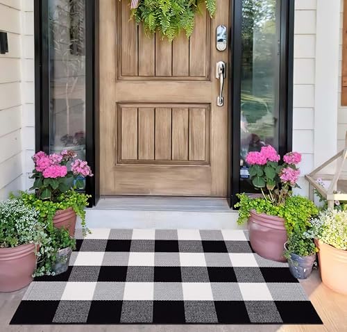 Black White Buffalo Plaid Doormat 24"x35"Washable Rug for Front Porch | Hand-Woven Cotton Layered Doormat Farmhouse Entryway Rug For Front Decor - color: Black Buffalo, size: 24''x 35''