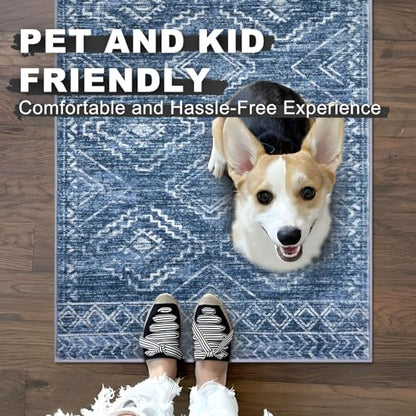 KILOCOCO Washable Runner Rug 2x6 ft Hallway Runners, Stonewashed Blue | Non Slip Runner Rug, Printed Kitchen Runner Rug, Low-Pile Entryway Runners, Soft Geometric Rugs for Bedroom Hall Living Room - color: Stonewashed Blue, size: 2' x 6' (Runner)