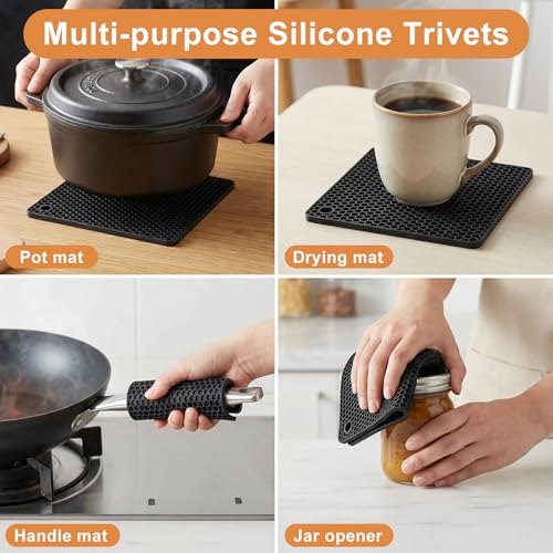6 Pcs Oven Mitts and Pot Holders Sets for Kitchen, Extra Long Silicone Oven Gloves High Heat Resistant 500 Degrees Non-Slip Potholders Hot Pads for Baking Cooking (Black)