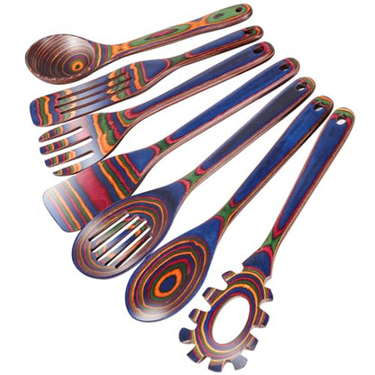 MYRAINBOW Wooden Spoons for Cooking – 7 Piece Pakkawood Kitchen Utensils Set with Spatulas, Spoons, Ladles, and Turner for Mixing, Serving & Cooking - color: Rainbow-A
